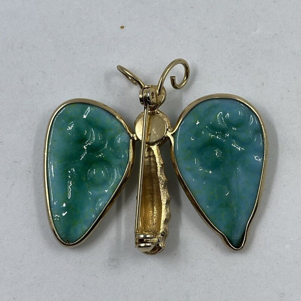 Weiss Brushed Gold-tone Butterfly w Faux Jade Molded Green Glass Wings‎ 1960s - Picture 11 of 12